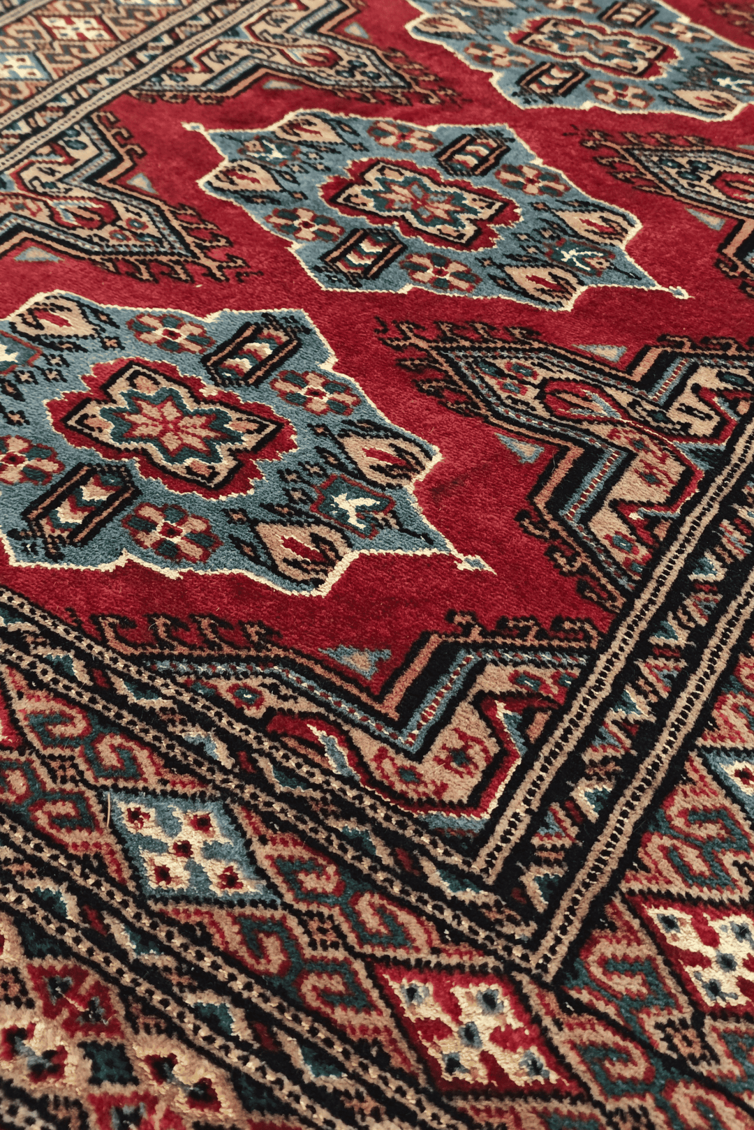 Crimson and Sea Green Jaldar Lozenge, Hand-Knotted Wool Rug