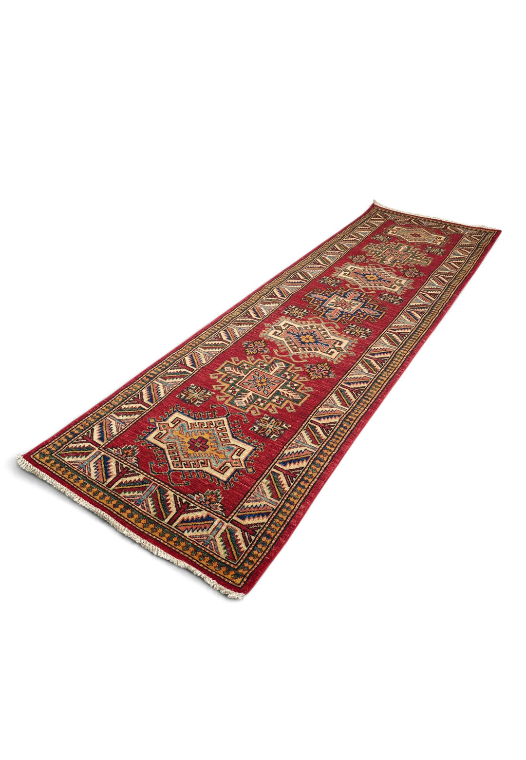 Deep Red and Cream Stepped Medallion Kazak, Hand-Knotted Wool Rug