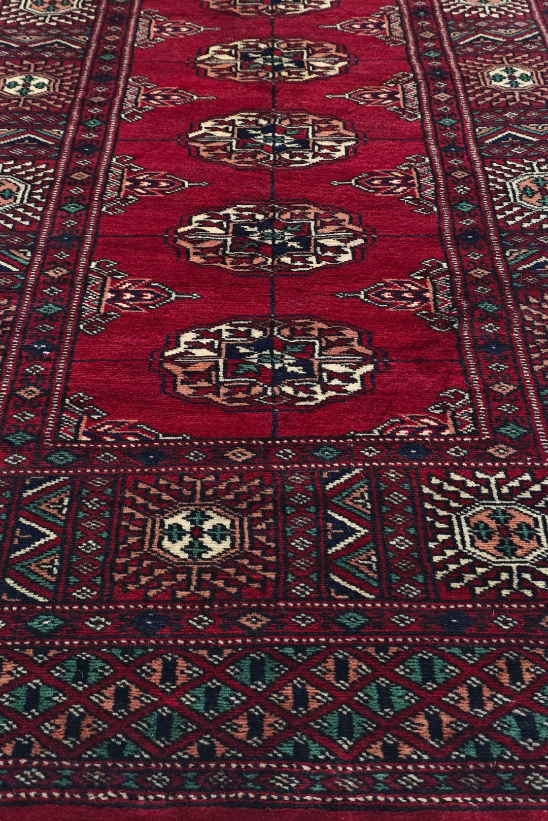 Wine Red and Cream Single Column Gül Bokhara, Hand-Knotted Wool Rug