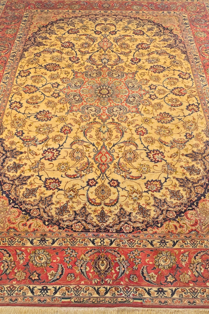 Gold and Terracotta Oval Field Sirafian Isfahan, Hand-Knotted Wool Rug