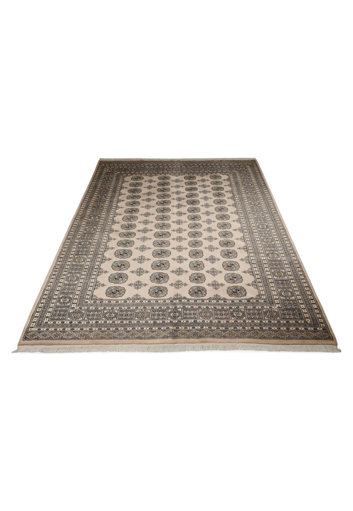 Sand and Espresso Gül and Tree Bokhara, Hand-Knotted Wool Rug