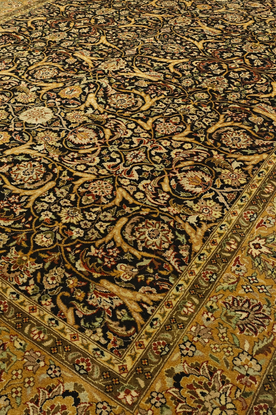 Black and Gold Floral Vine, Hand-Knotted Wool Rug