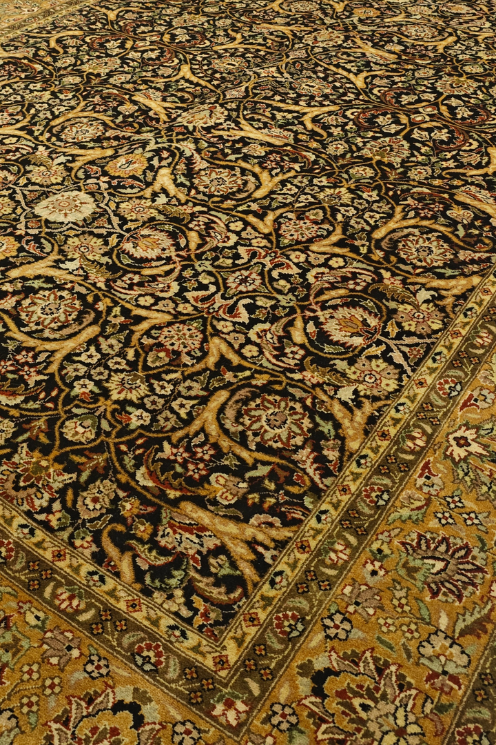Black and Gold Floral Vine, Hand-Knotted Wool Rug