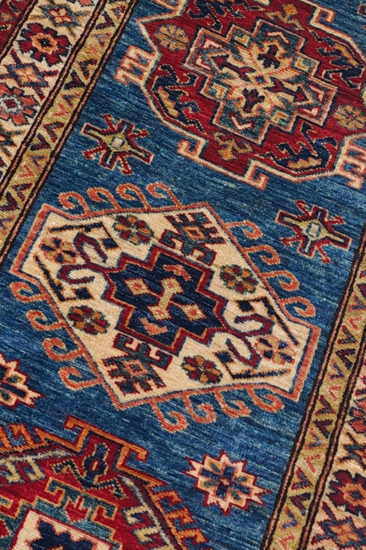 Teal Blue and Cream Hooked Medallion Kazak, Hand-Knotted Wool Rug