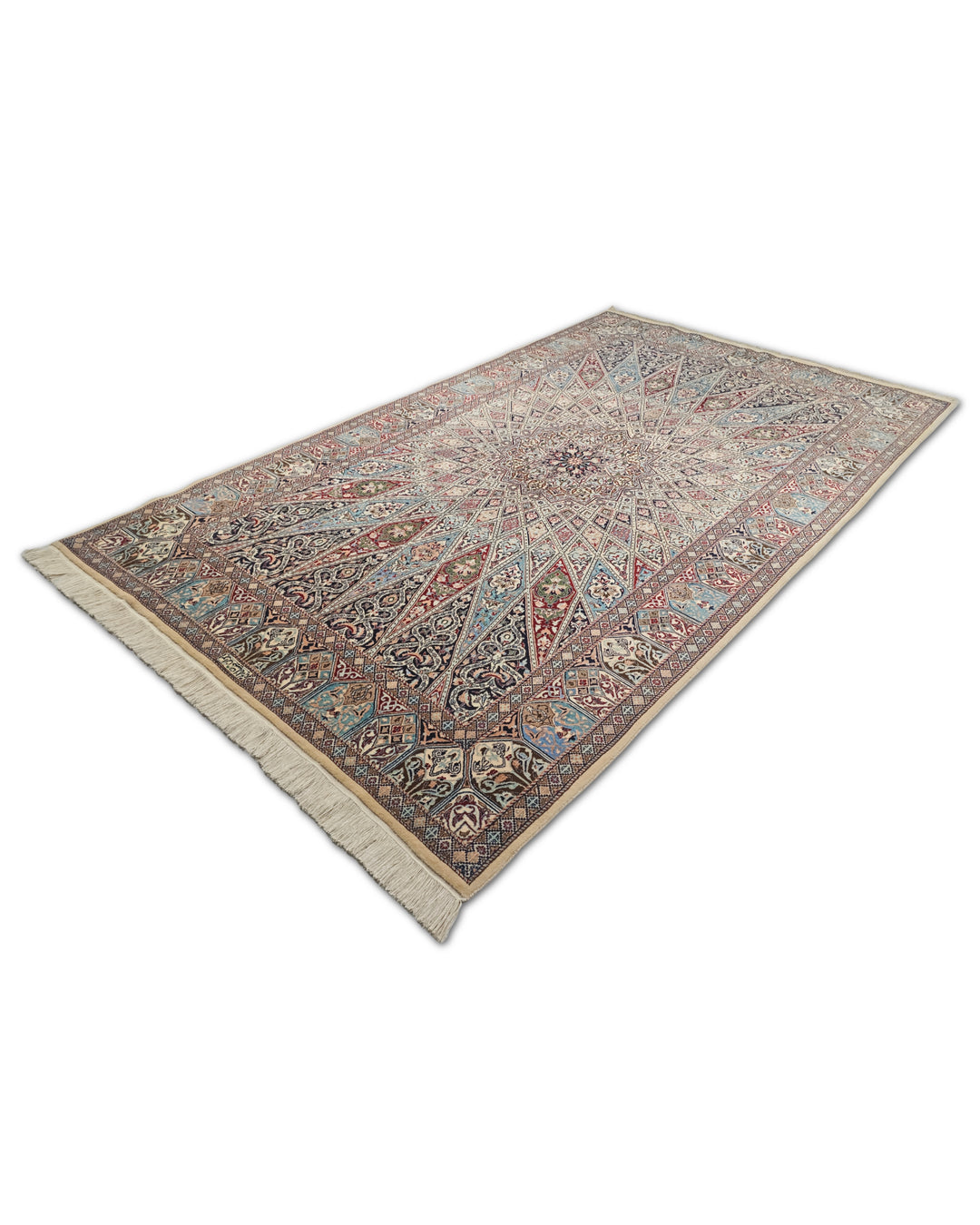 Ivory and Blue Gonbad Dome Persian Nain, Hand-Knotted Wool Rug