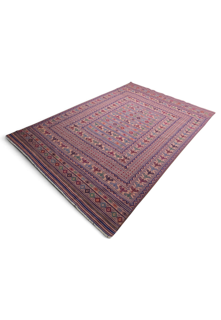 Blush Apricot and Navy Banded Kilim, Hand-Woven Wool