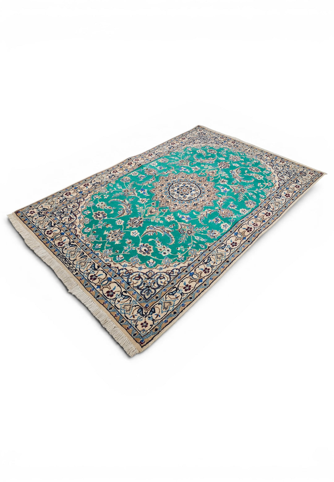 Emerald-Green Medallion Persian Nain, Hand-Knotted Wool Rug