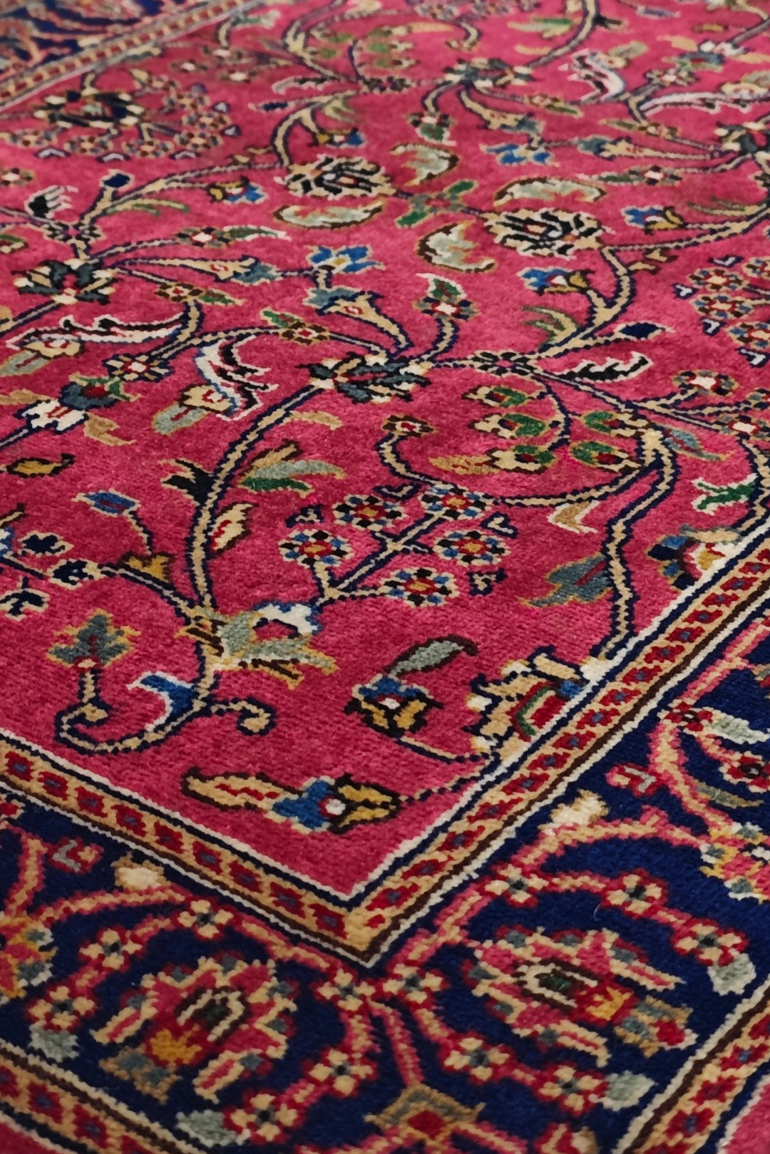Magenta and Navy Hereke Floral, Hand-Knotted Wool Rug