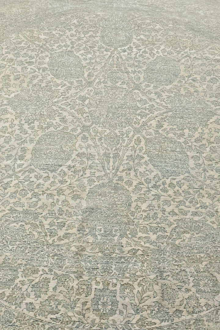Sage and Cream Concentric Floral Round, Hand-Knotted Wool and Silk Rug