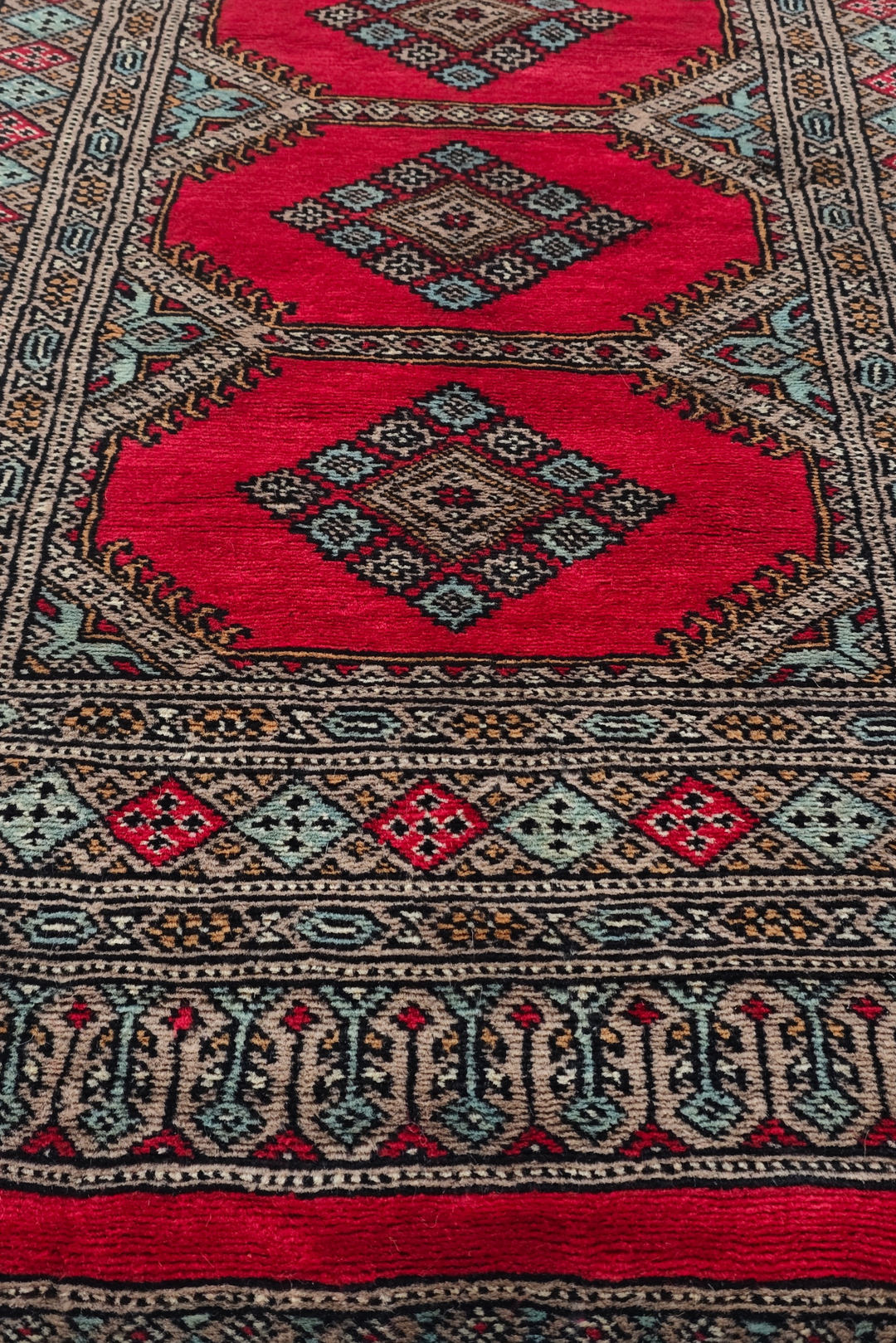 Crimson and Taupe Compartment Medallion, Hand-Knotted Wool Rug