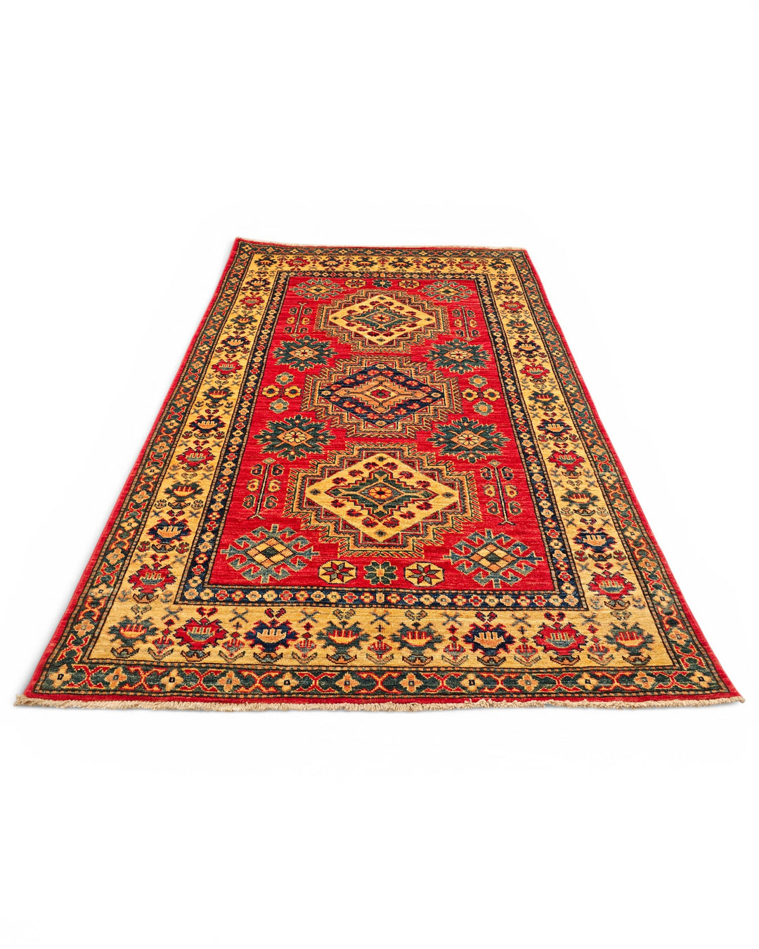 Red &amp; Gold Medallion Kazak Rug, Hand-Knotted Afghan Wool