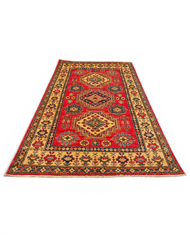 Red &amp; Gold Medallion Kazak Rug, Hand-Knotted Afghan Wool