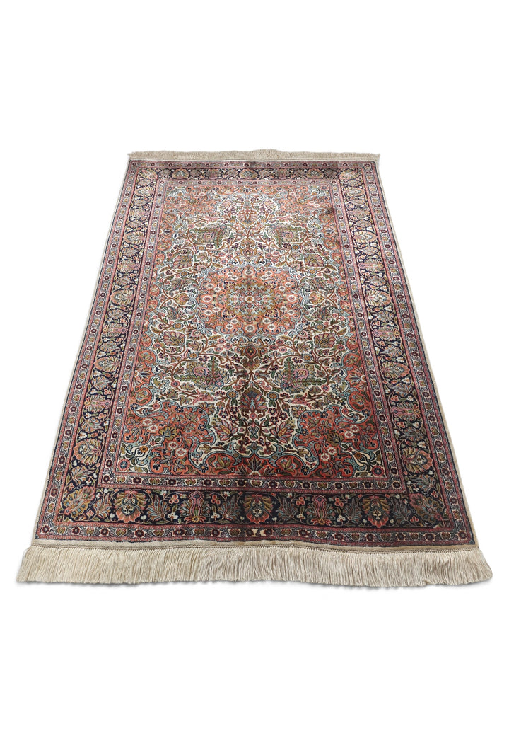 Ivory and Navy Shah Abbasi Floral Medallion, Hand-Knotted Silk Rug