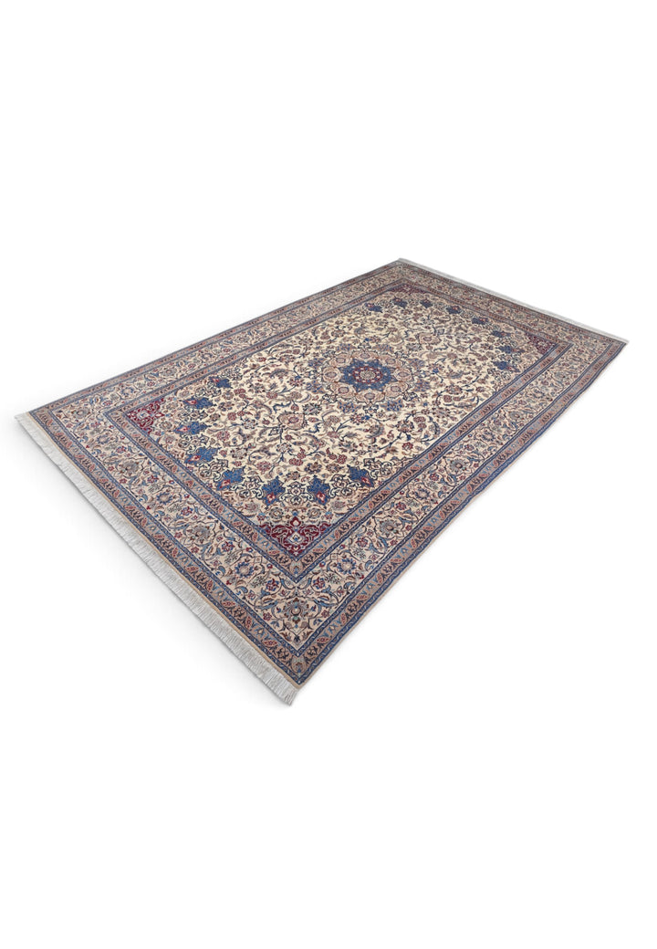 Ivory and Blue Star Medallion Nain, Hand-Knotted Wool Rug