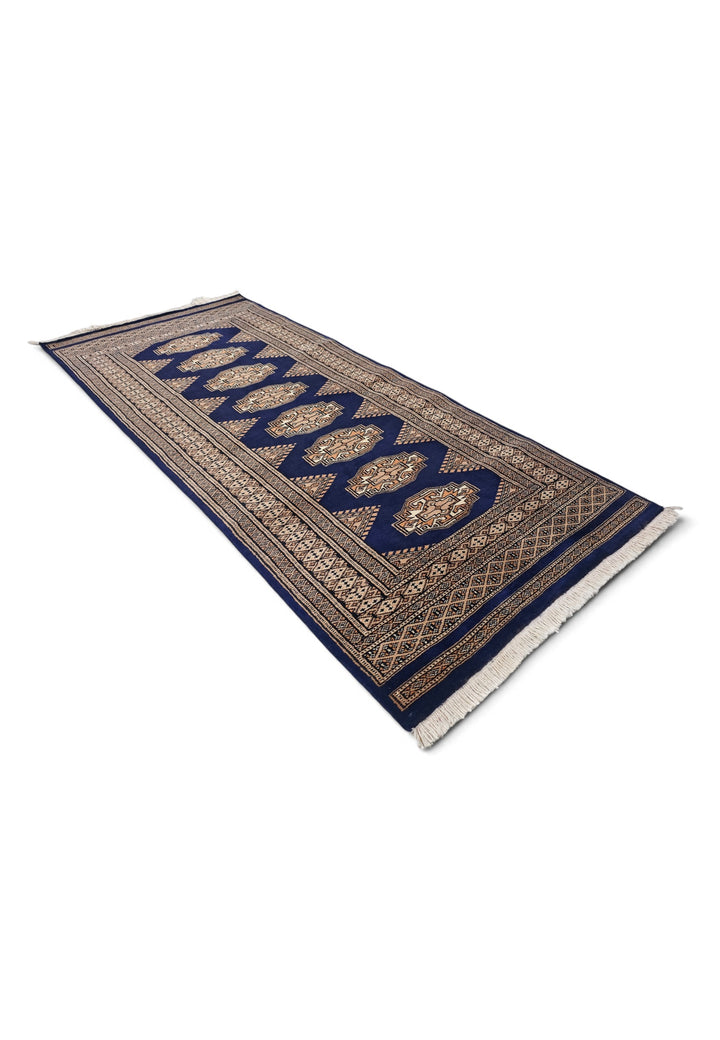 Navy and Beige Yamoud Rug, Hand-Knotted Wool