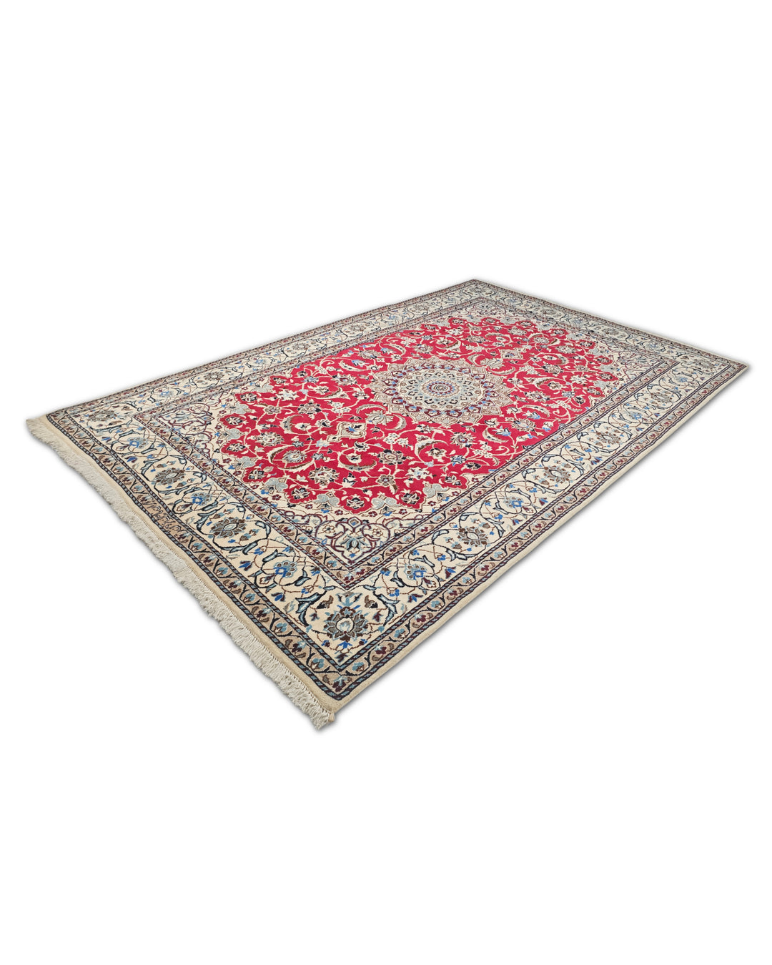 Red and Ivory Medallion Nain, Hand-Knotted Wool Rug