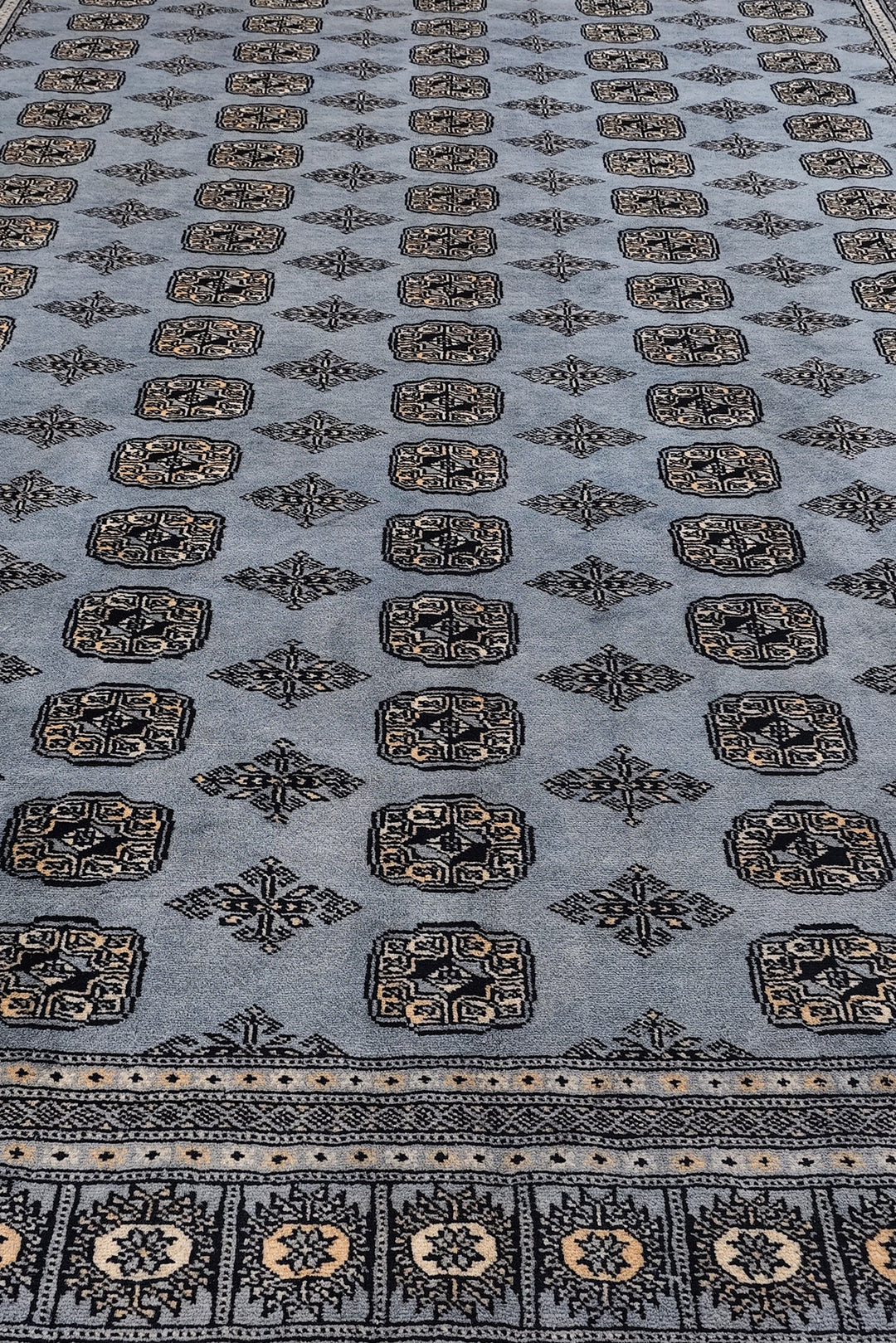 Slate Grey Turkmen Gül Bokhara Rug, Hand-Knotted Pakistani Wool