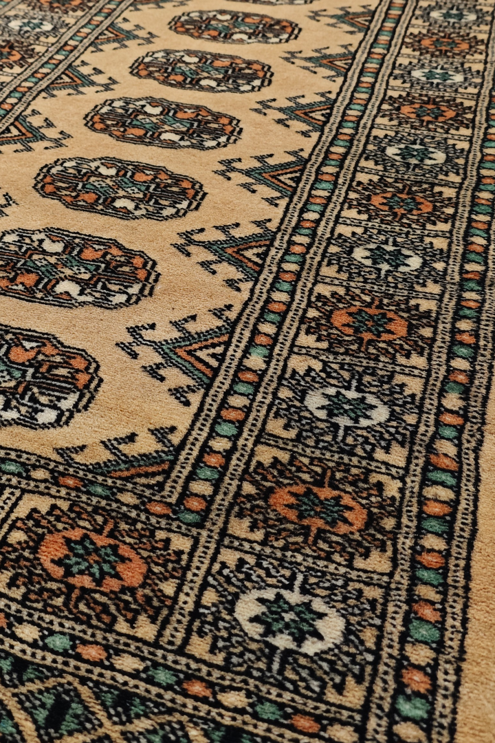 Camel and Sea Green Turkmen Gül Bokhara, Hand-Knotted Wool Rug