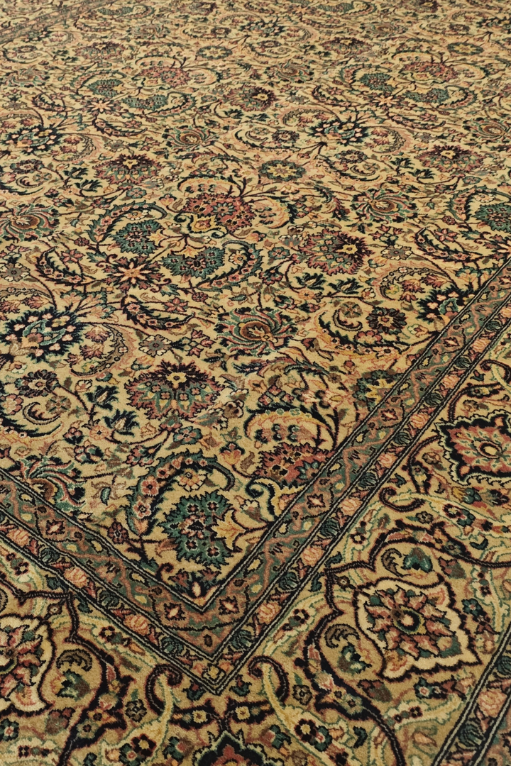 Gold and Teal Floral Vine, Hand-Knotted Wool Rug
