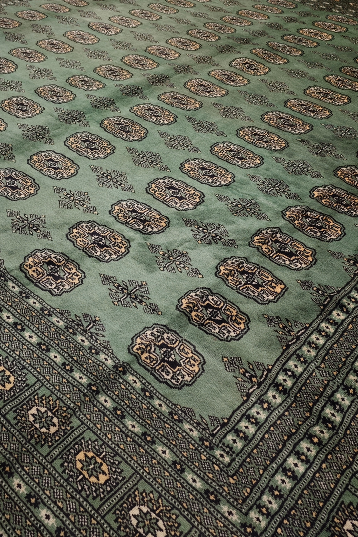 Sage Green Turkmen Gül Bokhara Square Rug, Hand-Knotted Pakistani Wool