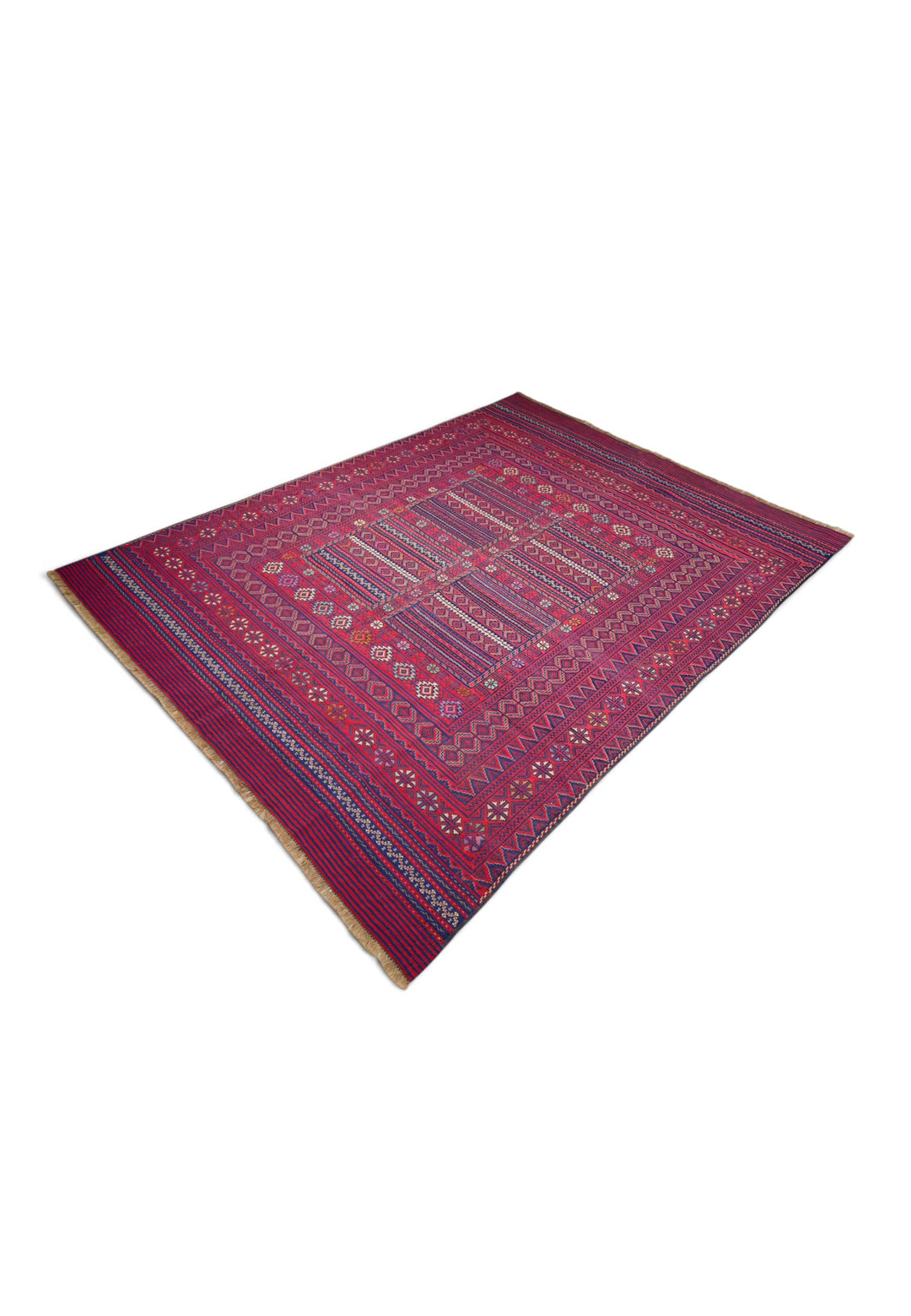 Rose Red and Navy Four-Panel Kilim, Hand-Woven Wool
