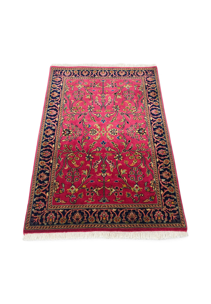 Crimson and Indigo Sarouk Floral, Hand-Knotted Wool Rug