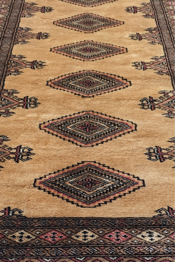 Camel and Dusty Rose Jaldar Diamond Medallion, Hand-Knotted Wool Rug