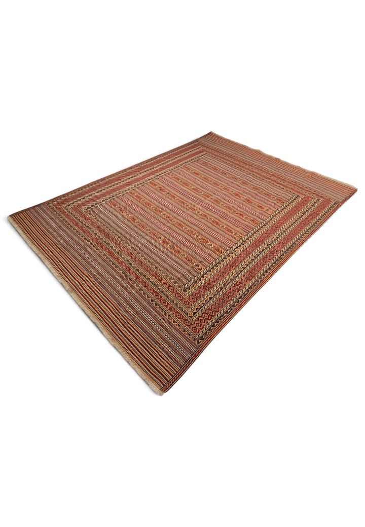Terracotta and Apricot Banded Kilim, Hand-Woven Wool