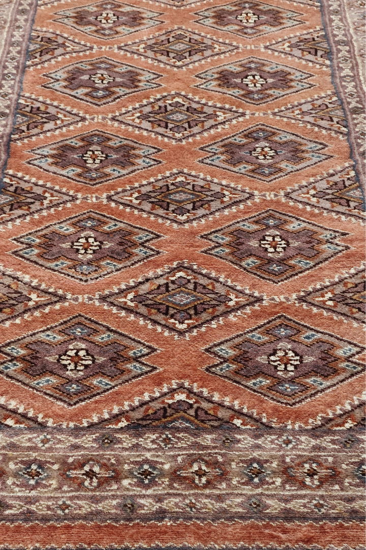 Salmon and Mauve Jaldar Alternating Lattice, Hand-Knotted Wool Rug