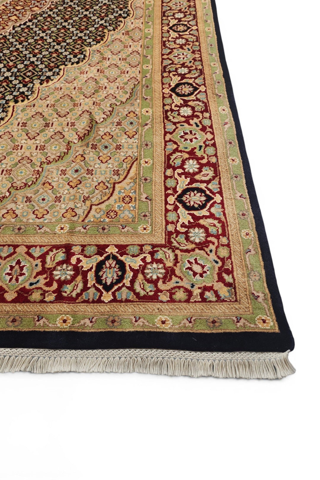 Navy and Cream Tabriz Mahi, Hand-Knotted Pakistani Wool and Silk Rug
