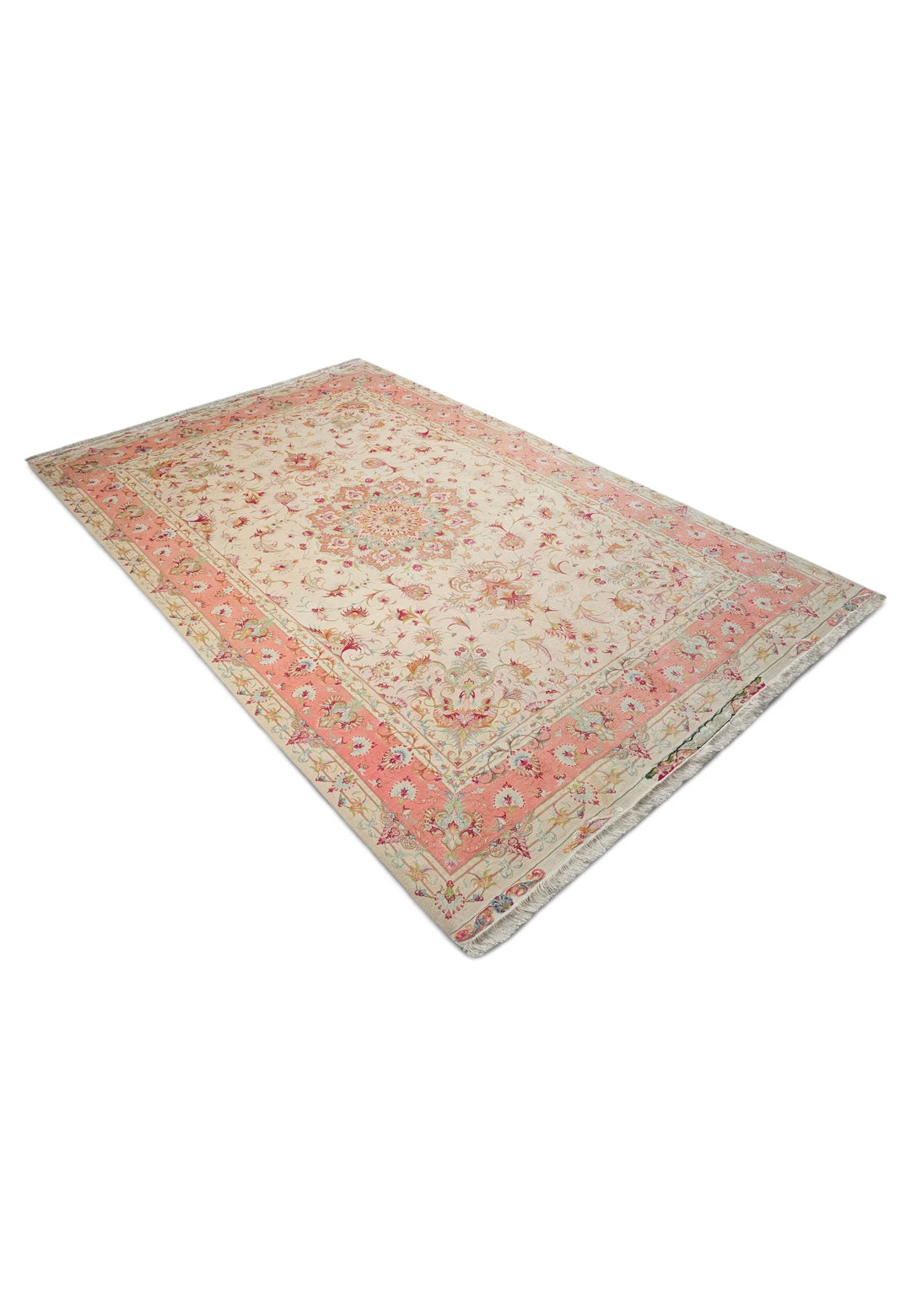 Cream and Coral Medallion Tabriz, Hand-Knotted Wool Rug