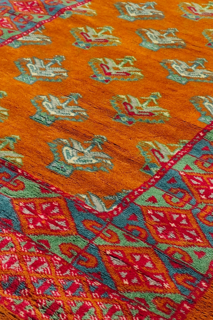 Saffron and Teal Flowering Shrub Repeat, Hand-Knotted Wool Rug