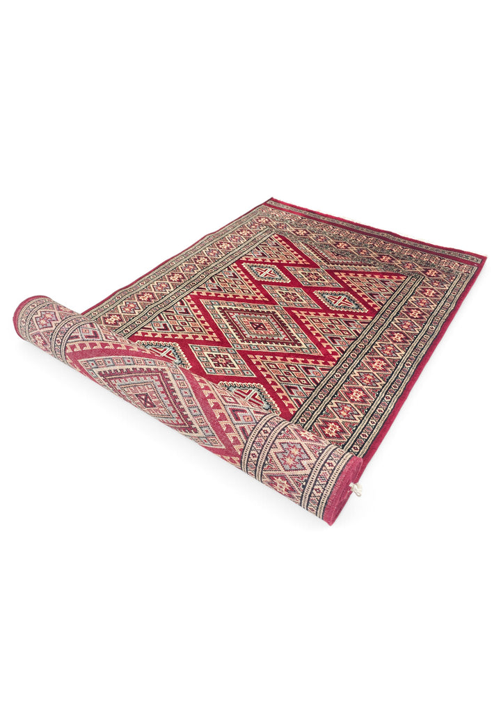 Wine and Cream Jaldar Lattice, Hand-Knotted Wool and Silk Rug