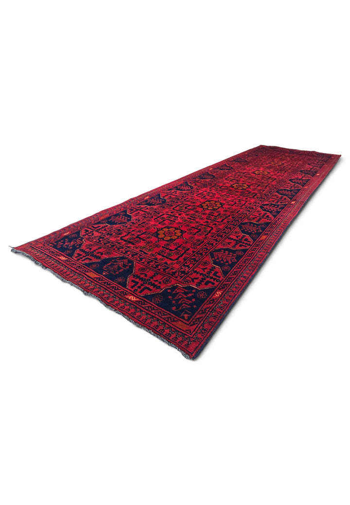 Raspberry Red and Navy Khan Muhammadi Runner, Hand-Knotted Wool