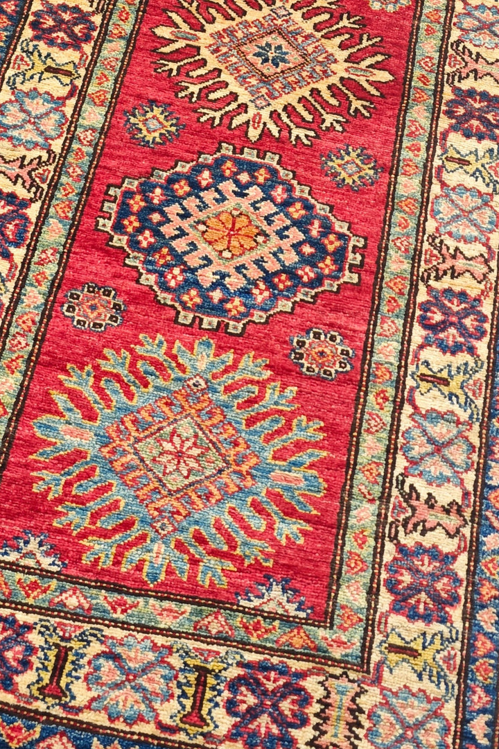 Cherry Red and Cream Starburst Medallion Kazak, Hand-Knotted Wool Rug