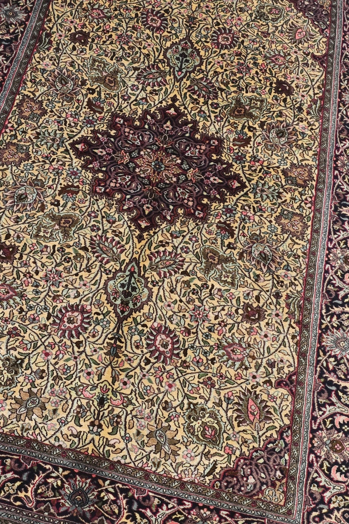 Gold and Deep Plum Shah Abbasi Medallion, Hand-Knotted Silk Rug