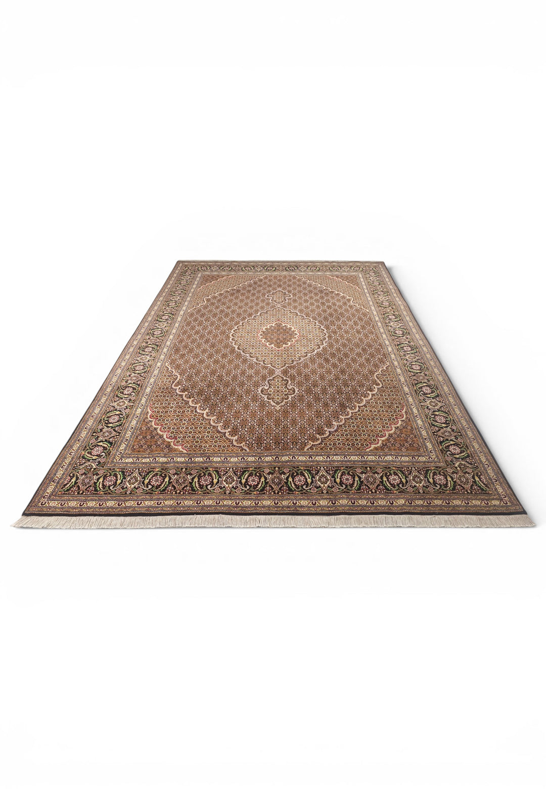 Brown Mahi Medallion Persian Tabriz, Hand-Knotted Wool Rug