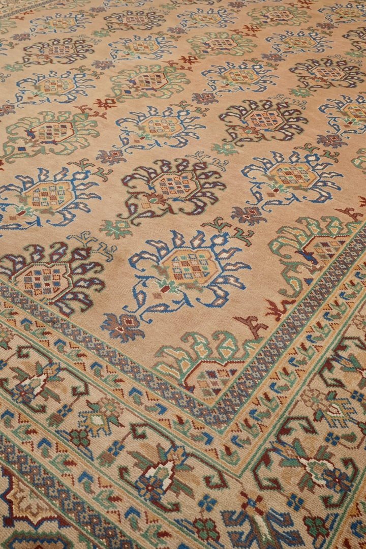 Apricot and Slate Blue Alternating Palmette, Hand-Knotted Wool and Silk Rug