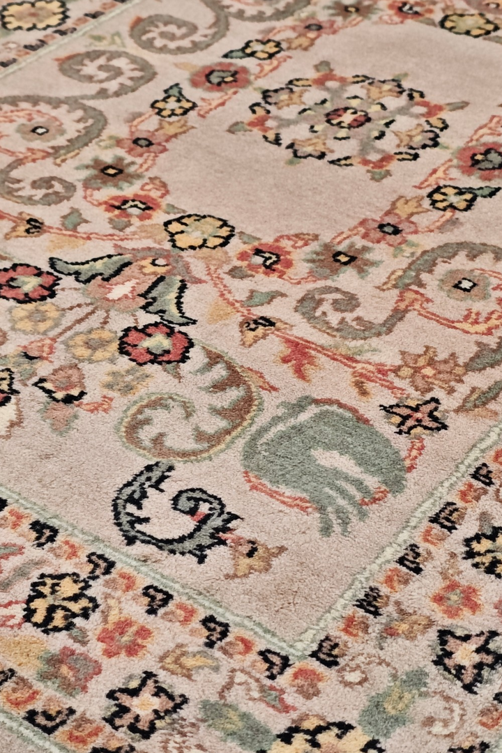 Blush and Sage Scrolling Leaf Medallion, Hand-Knotted Wool Rug