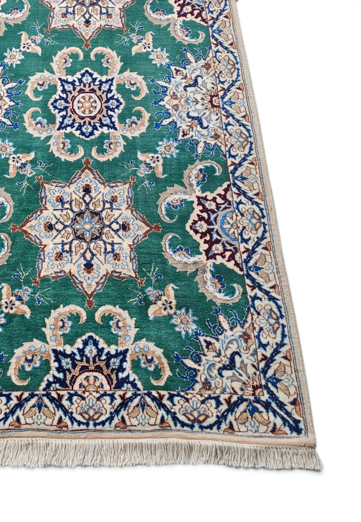Teal and Ivory Star Medallion Nain, Hand-Knotted Wool Rug