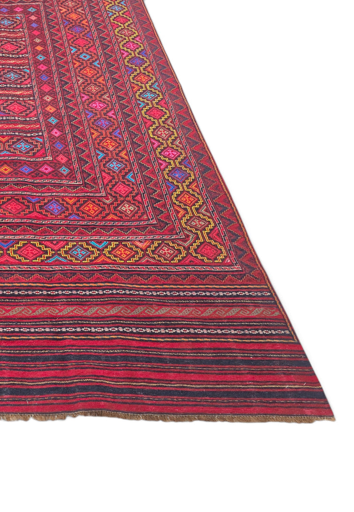 Rose Red and Gold Banded Kilim, Hand-Woven Wool