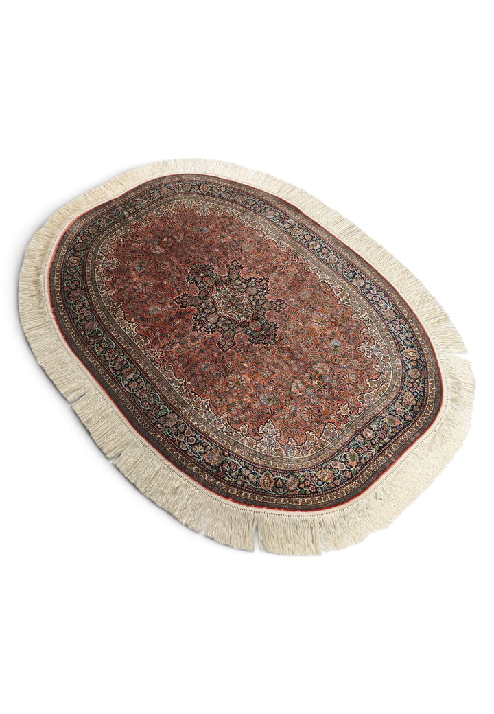 Brick Red and Black Oval Medallion, Hand-Knotted Silk Rug
