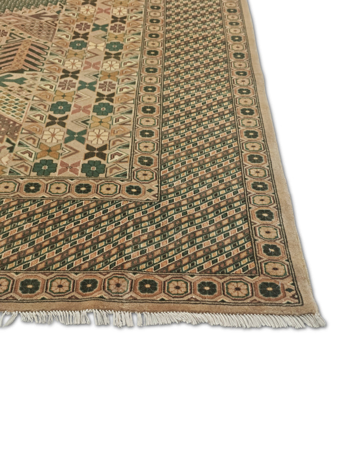 Camel and Green Turkmen Gül, Hand-Knotted Wool Rug