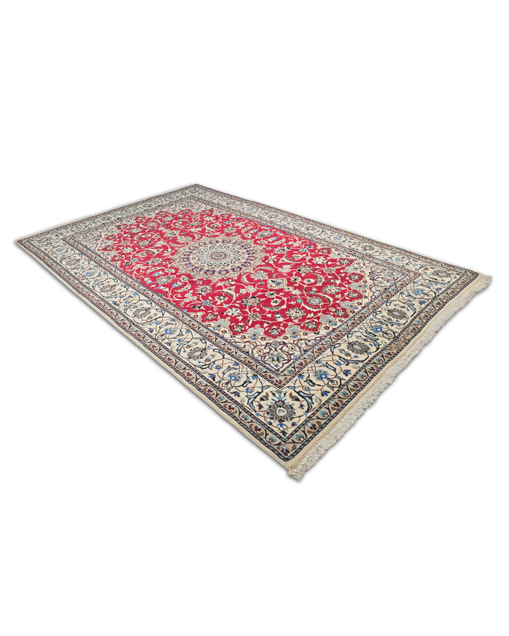 Red and Ivory Medallion Nain, Hand-Knotted Wool Rug