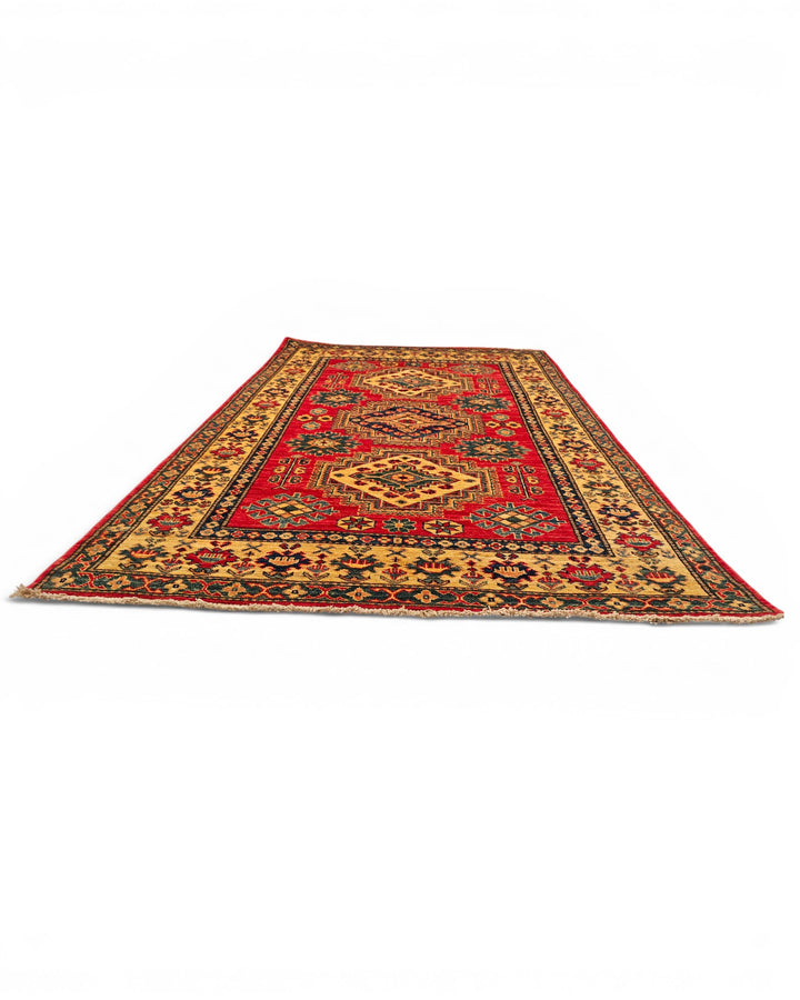 Red &amp; Gold Medallion Kazak Rug, Hand-Knotted Afghan Wool