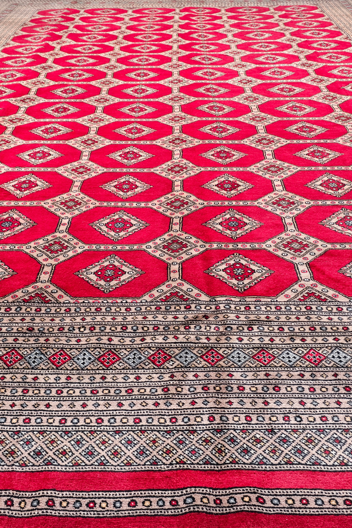 Ruby Red Diamond Lattice Bokhara, Hand-Knotted Wool Rug