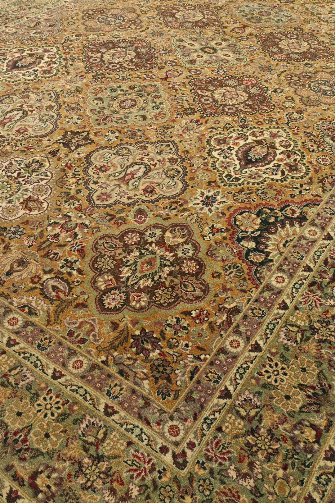 Gold and Sage Repeating Floral, Hand-Knotted Wool Rug