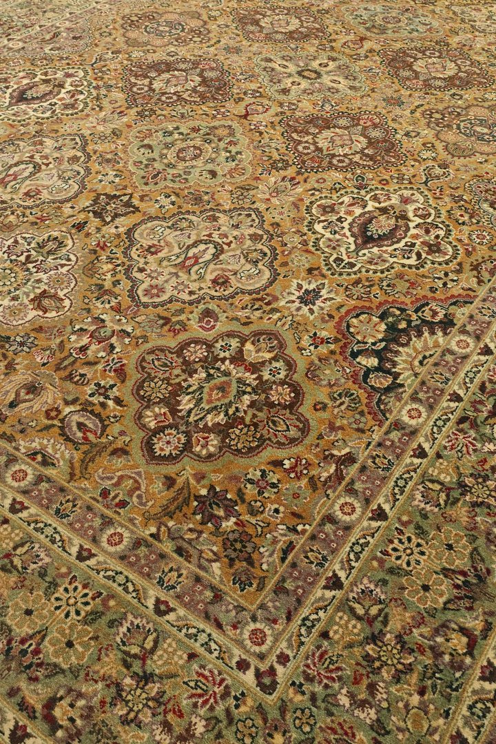 Gold and Sage Repeating Floral, Hand-Knotted Wool Rug