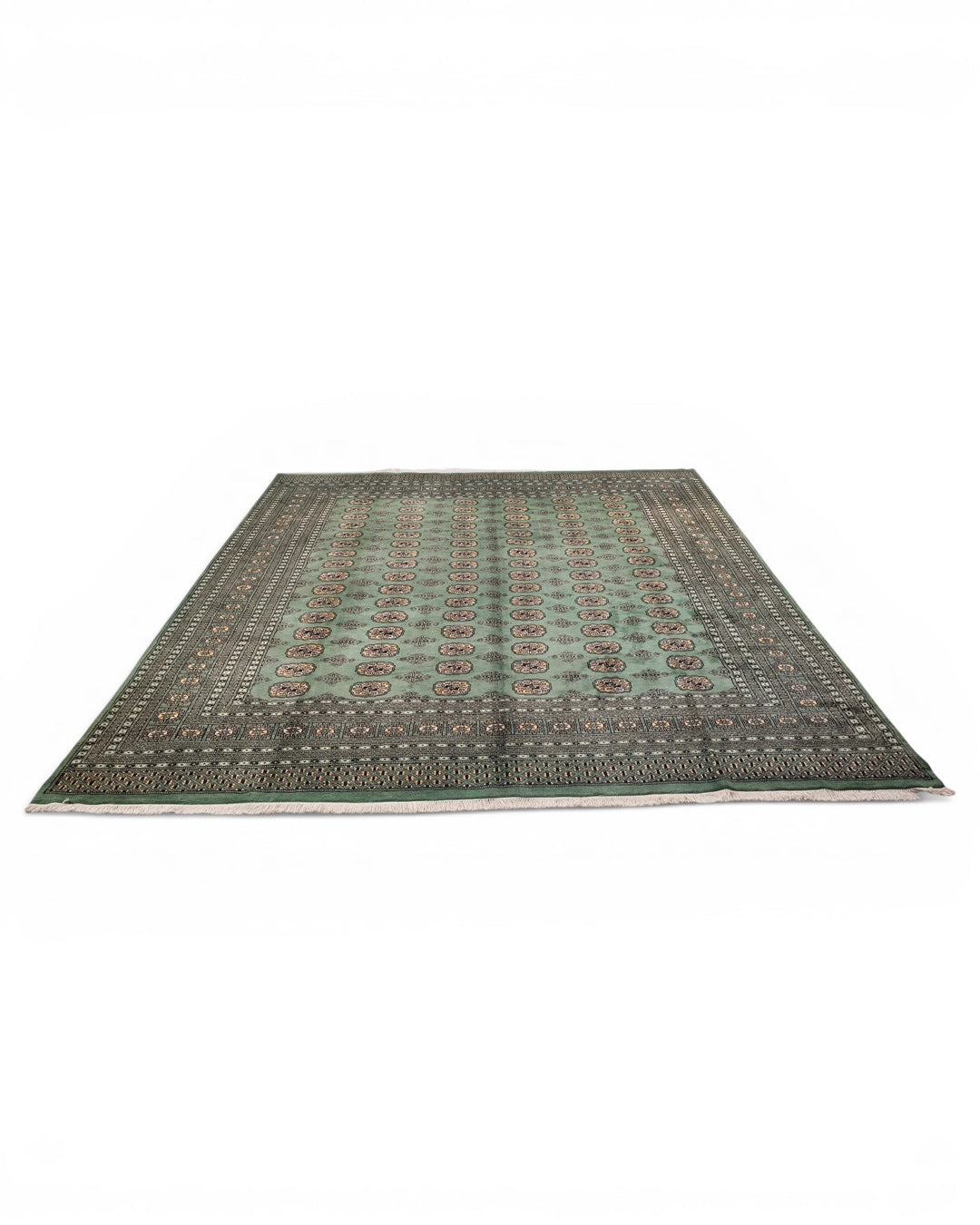Sage Green Turkmen Gül Bokhara Square Rug, Hand-Knotted Pakistani Wool