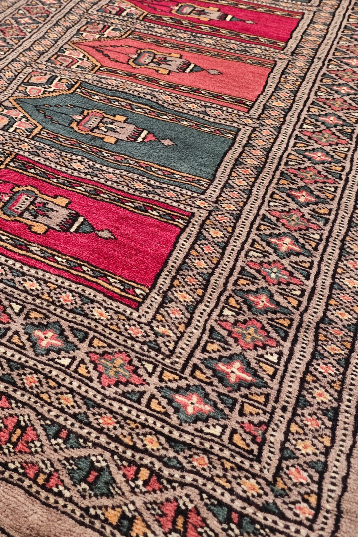 Taupe and Rose Saf Prayer Design, Hand-Knotted Wool Rug